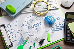 Audit. Business charts, objects, graphs and words. Business concept