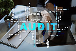 Audit business concept. Auditor. Compliance. Virtual screen technology.