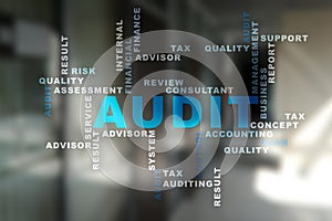 Audit business concept. Auditor. Compliance. Virtual screen technology.