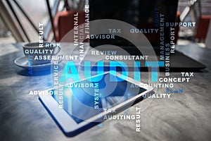 Audit business concept. Auditor. Compliance. Virtual screen technology.