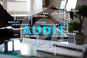 Audit business concept. Auditor. Compliance. Virtual screen technology.