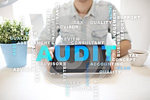 Audit business concept. Auditor. Compliance. Virtual screen technology.