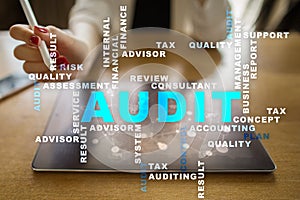 Audit business concept. Auditor. Compliance. Virtual screen technology.