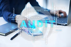 Audit business concept. Auditor. Compliance. Virtual screen technology.