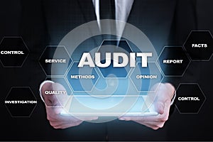 Audit business concept. Auditor. Compliance. Virtual screen technology.