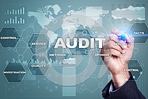 Audit business concept. Auditor. Compliance. Virtual screen technology.