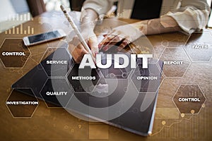 Audit business concept. Auditor. Compliance. Virtual screen technology.