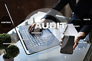 Audit business concept. Auditor. Compliance. Virtual screen technology.