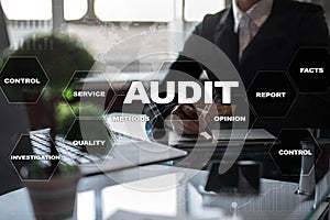 Audit business concept. Auditor. Compliance. Virtual screen technology.