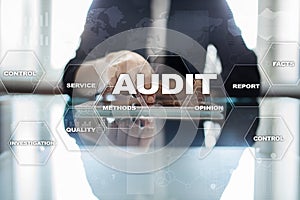 Audit business concept. Auditor. Compliance. Virtual screen technology. photo