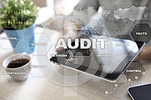 Audit business concept. Auditor. Compliance. Virtual screen technology.