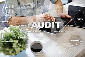 Audit business concept. Auditor. Compliance. Virtual screen technology.