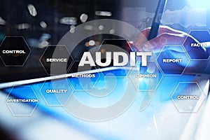 Audit business concept. Auditor. Compliance. Virtual screen technology.