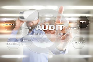 Audit business concept. Auditor. Compliance. Virtual screen technology.