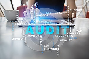 Audit business concept. Auditor. Compliance. Virtual screen technology. Words cloud.