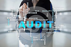 Audit business concept. Auditor. Compliance. Virtual screen technology. Words cloud.