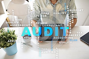 Audit business concept. Auditor. Compliance. Virtual screen technology. Words cloud.