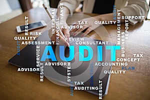 Audit business concept. Auditor. Compliance. Virtual screen technology. Words cloud.