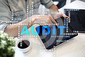 Audit business concept. Auditor. Compliance. Virtual screen technology. Words cloud.