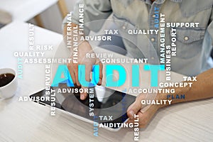 Audit business concept. Auditor. Compliance. Virtual screen technology. Words cloud.