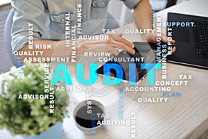 Audit business concept. Auditor. Compliance. Virtual screen technology. Words cloud.