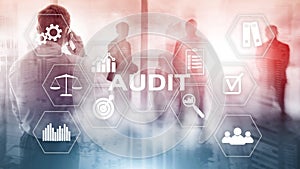 Audit business and finance concept. nalysis Annual Financial Statements, Analyze return on investment. Mixed media