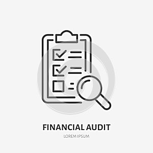 Audit flat line icon. Check list with glass sign. Thin linear logo for legal financial services, accountancy