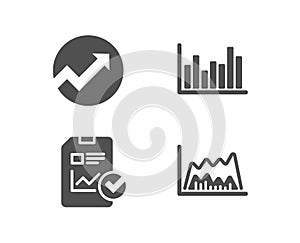 Audit, Report checklist and Bar diagram icons. Trade chart sign.