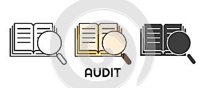 Audit icon set in different style. Book and magnifying glass illustration. Isolated on white background.