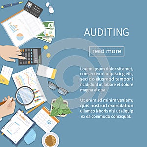 Auditing, accounting, analysis, analytics. Auditor inspects financial documents. Businessman hands with magnifying glass