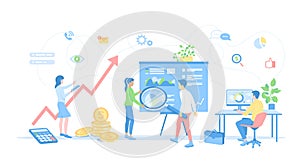 Auditing, analysis, accounting, analytics. Audit team checks information data, documents, makes calculations. Vector illustration