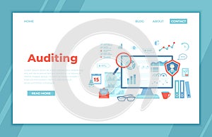 Auditing, analysis, accounting, calculation, analytics. Auditor checks the documents. Graphs, charts on the monitor screen. landin
