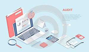 Auditing, analysis, accounting, calculation, analytics. Documents with charts graphs on the laptop screen, folder, magnifying