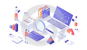 Auditing, business analysis concept. Analytics data. Financial strategy, graphs and charts in economic documents. Isometry