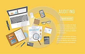 Auditing concepts. Financial analysis, data capture, planning, statistics, research. photo