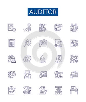 Auditor line icons signs set. Design collection of Auditor, Assessor, Examiner, Inspector, Analyzer, Reviewer, Checker photo