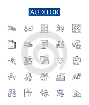 Auditor line icons signs set. Design collection of Auditor, Assessor, Examiner, Inspector, Analyzer, Reviewer, Checker photo