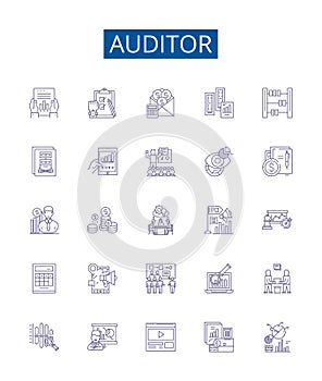 Auditor line icons signs set. Design collection of Auditor, Assessor, Examiner, Inspector, Analyzer, Reviewer, Checker photo