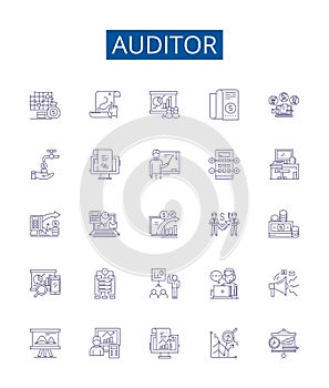 Auditor line icons signs set. Design collection of Auditor, Assessor, Examiner, Inspector, Analyzer, Reviewer, Checker photo