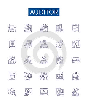 Auditor line icons signs set. Design collection of Auditor, Assessor, Examiner, Inspector, Analyzer, Reviewer, Checker