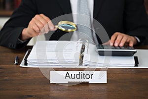 Auditor Scrutinizing Financial Documents In Office