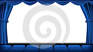 Auditorium with seating vector. Blue curtain. Theater, cinema screen and seats. Stage and chairs. Blue Curtain. Theater