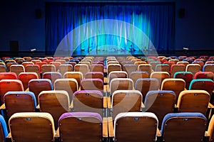 The auditorium in the theater. Blue-green curtain on the stage. Multicolored spectator chairs. Lighting equipment