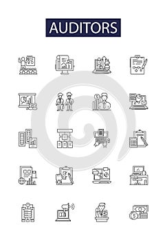Auditors line vector icons and signs. Assessors, Examiners, Inspectors, Analyzers, Controllers, Scrutinizers