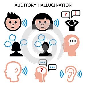 Auditory sound hallucination - hearing voices in the head, schizophrenia vector color icons set - paracusia concept