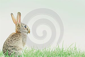 An Audubons Cottontail is perched in the grass, gazing upwards