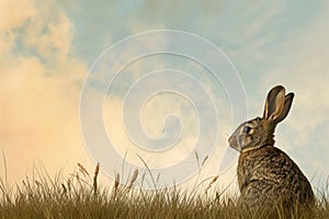 Audubons Cottontail rabbit gazes at the sky while sitting in the grass
