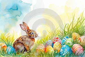 Audubons Cottontail rabbit sits among Easter eggs in the grass