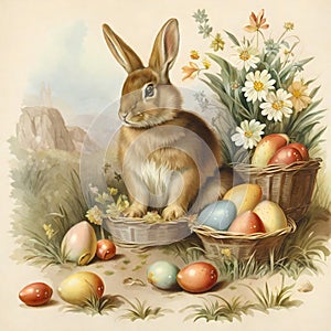 Audubons Cottontail rabbit sits next to baskets of Easter eggs and flowers