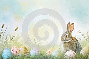 Audubons Cottontail rabbit sitting in the grass near Easter eggs